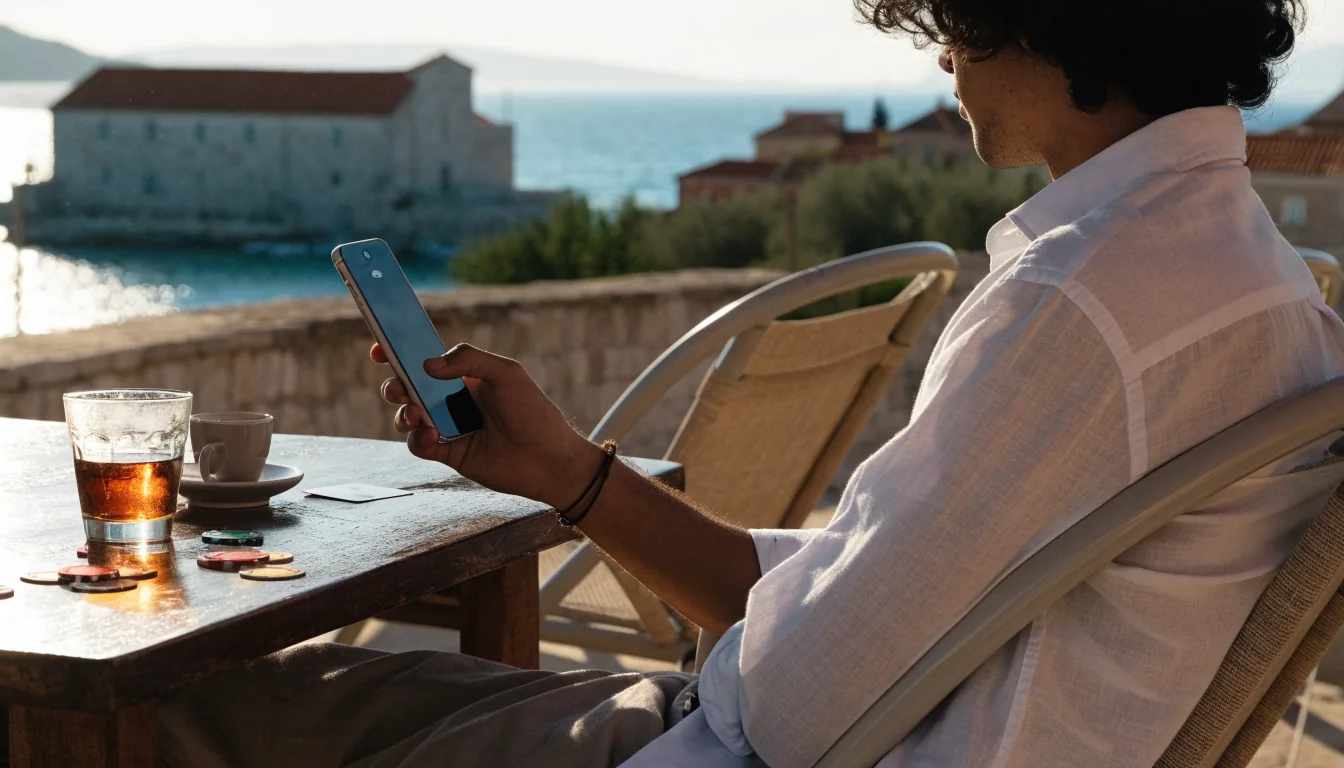 Osoba na terasi uz more drži Android telefon uz kockarske žetone i kartu