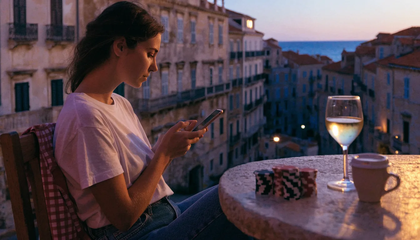 Žena s mobitelom na terasi kafića u hrvatskom primorskom gradu