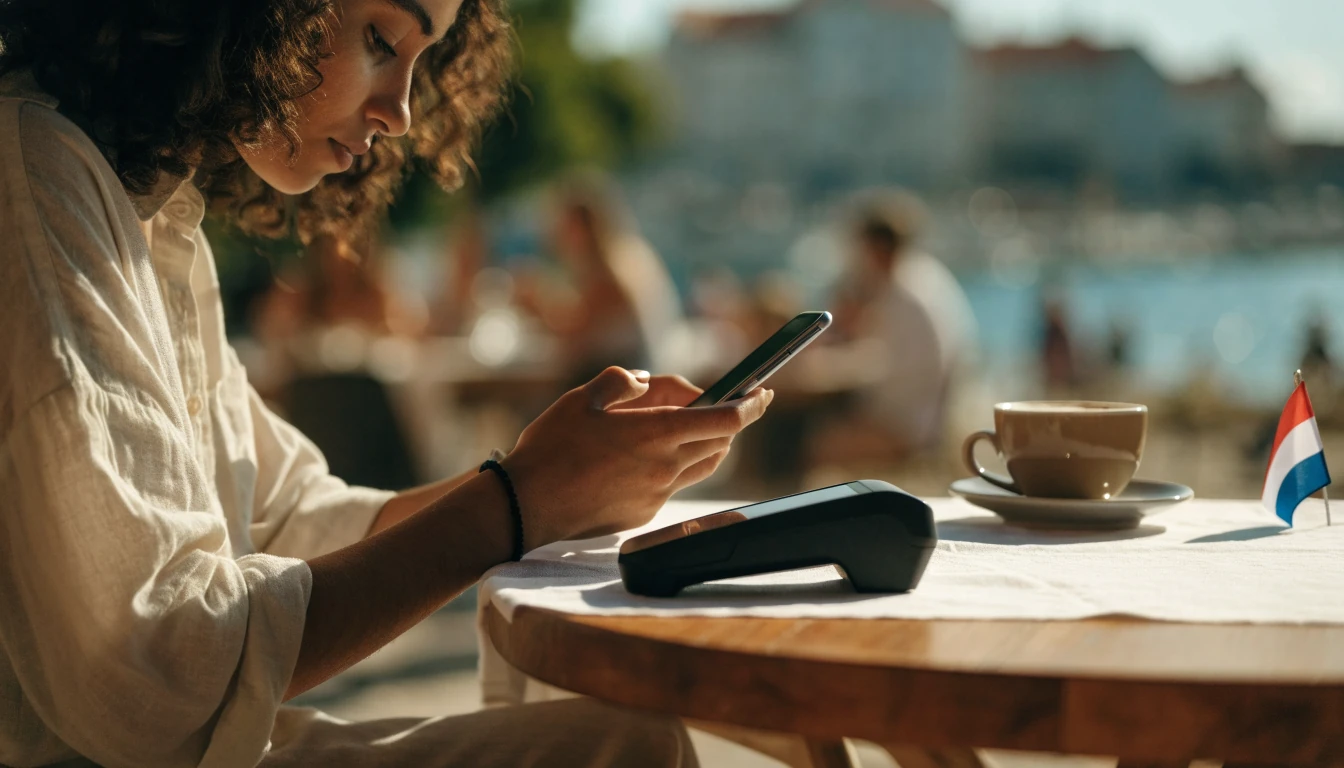 Žena plaća pametnim telefonom u kafiću u Hrvatskoj