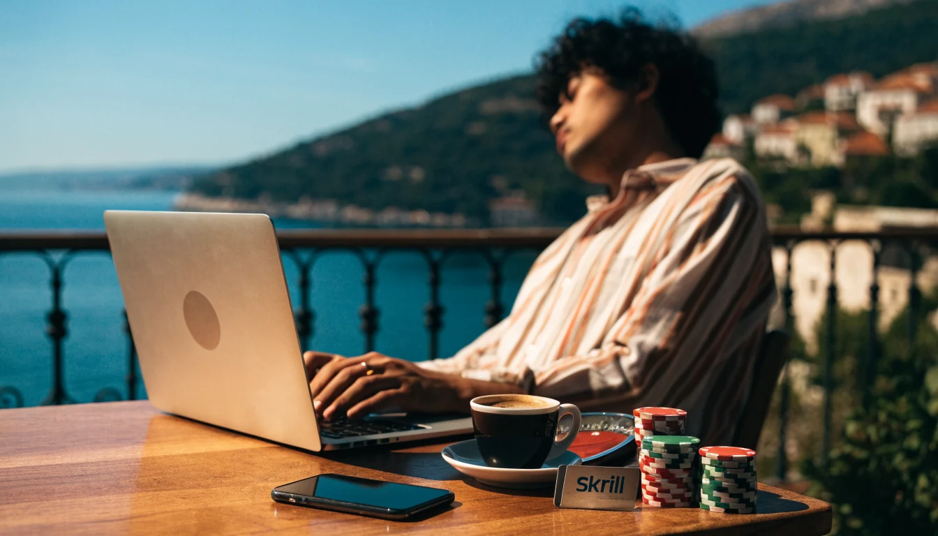 Hrvatski igrač opušteno koristi laptop na terasi uz Skrill karticu i casino žetone