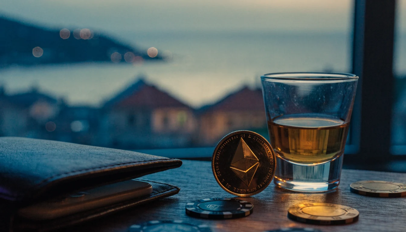 Ethereum kovanica, kazino žetoni i čaša rakije na stolu uz obalu