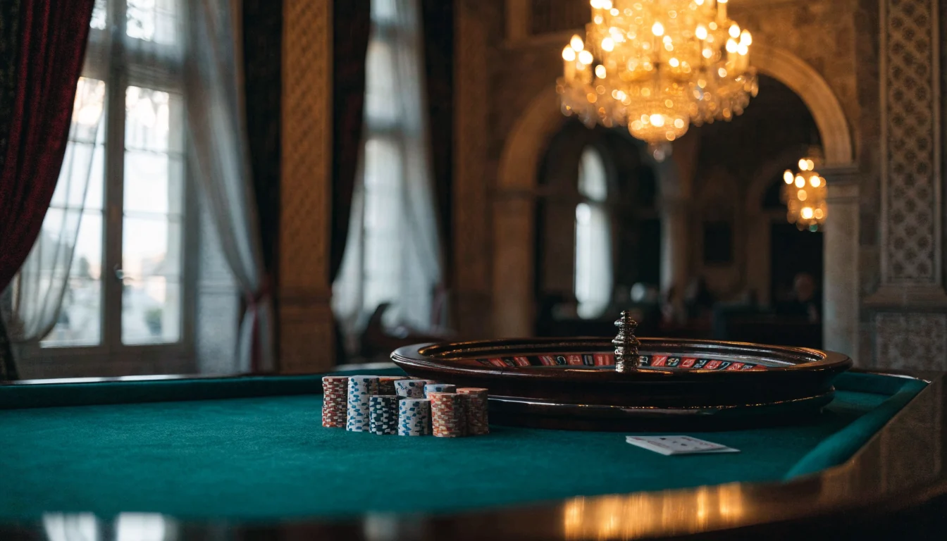Elegantan casino stol s ulošcima, ruletom i kartama u toplom svjetlu
