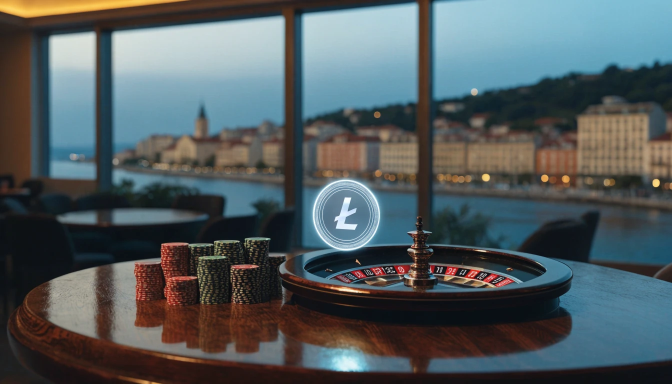 Moderni kazino s Litecoin kriptovalutom, hrpom žetona i ruletom na stolu, hrvatska obala u pozadini.