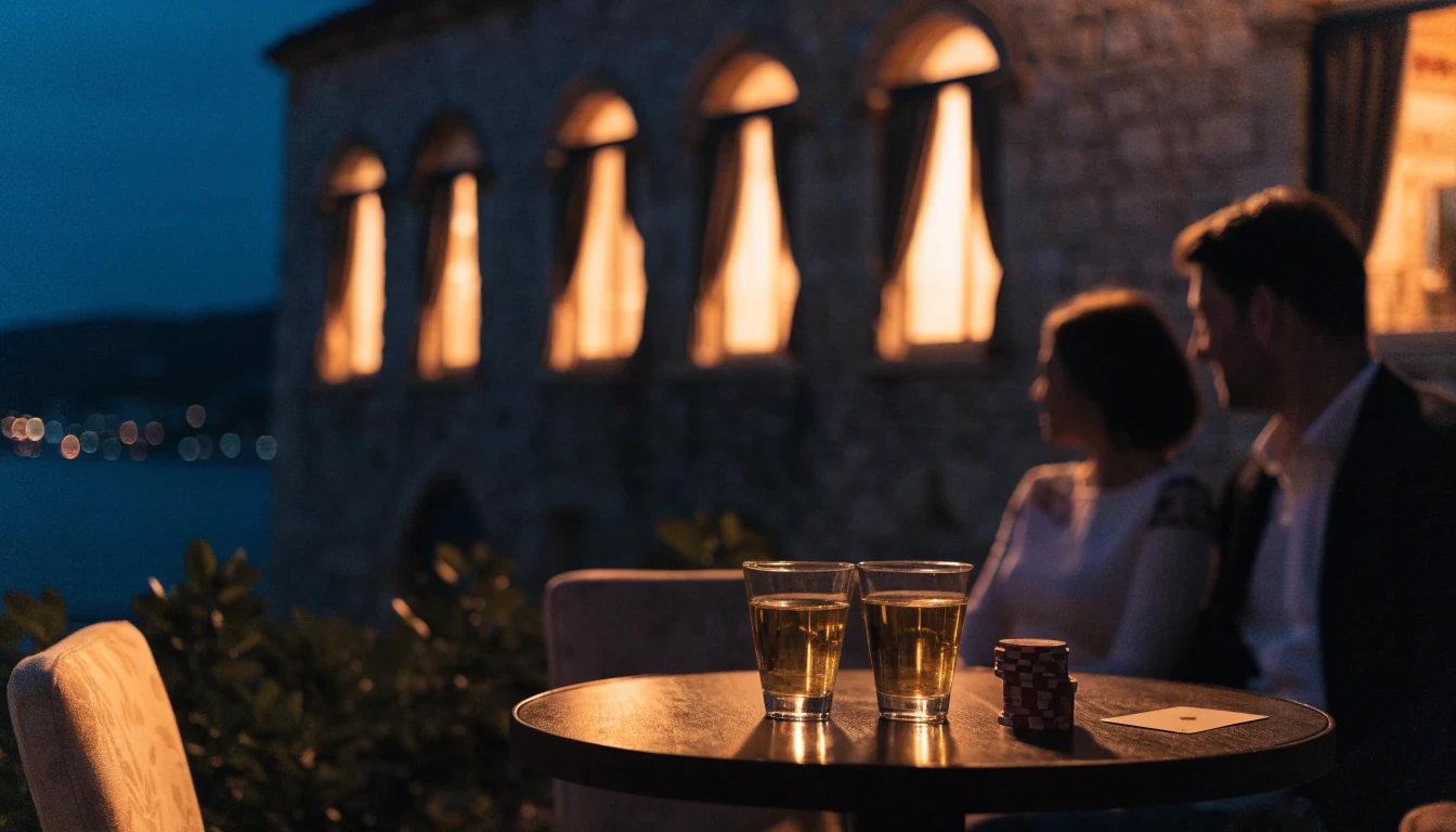 Noćna atmosfera na hrvatskoj obali s casinoskim žetonima i kartama na stolu