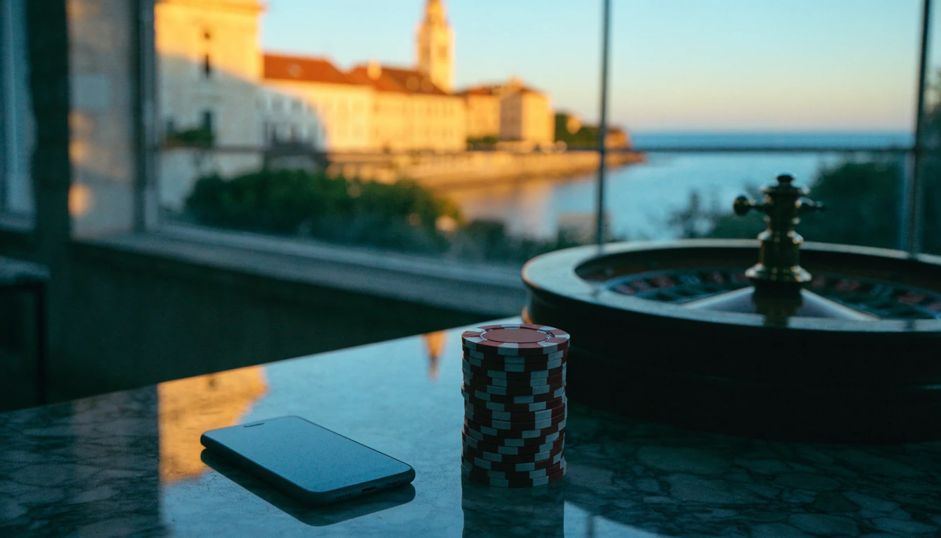 Pametni telefon, žetoni i rulet na stolu uz pogled na hrvatsku obalu