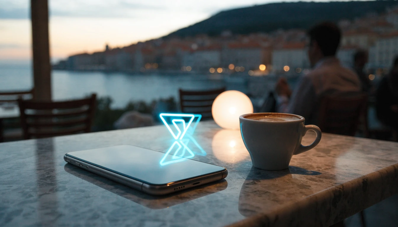 Pametni telefon na stolu uz more i neon TRON logotip